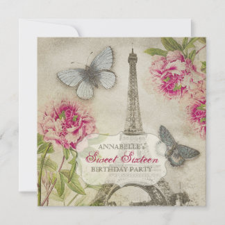 Vintage Paris Peonies Sweet Sixteen Birthday Party Invitation