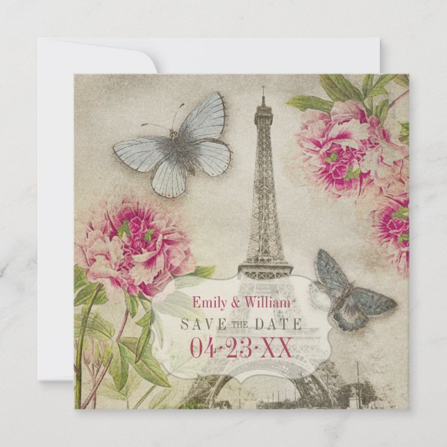 Vintage Paris Peonies Wedding Save the Date (Front)