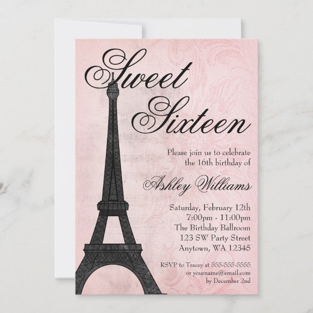 Vintage Paris Pink Black Sweet 16 Birthday Invitation (Front)