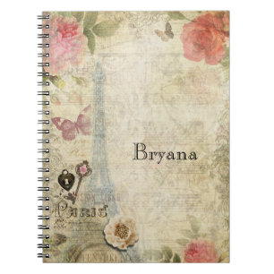 Vintage Paris Pink Roses Lock & Key Shabby Chic Notebook