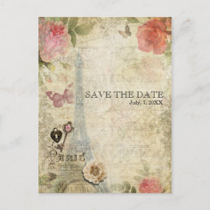 Vintage Paris Pink Roses Wedding SAVE THE DATE Announcement Postcard