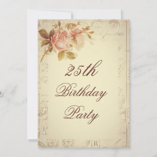 Vintage Paris Postmarks Chic Roses 25th Birthday Invitation