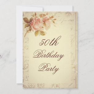 Vintage Paris Postmarks Chic Roses 50th Birthday Invitation