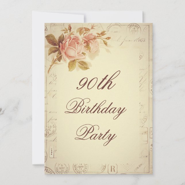 Vintage Paris Postmarks Chic Roses 90th Birthday Invitation (Front)