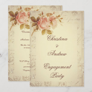 Vintage Paris Postmarks Chic Roses Engagement Invitation