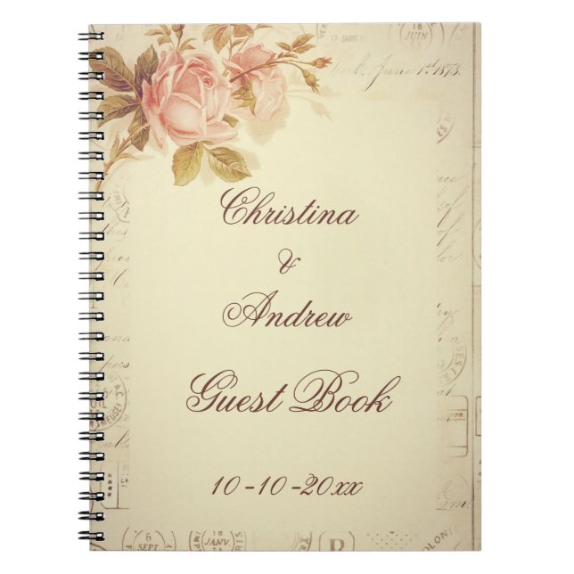 Vintage Paris Postmarks Chic Roses Guest Book (Front)
