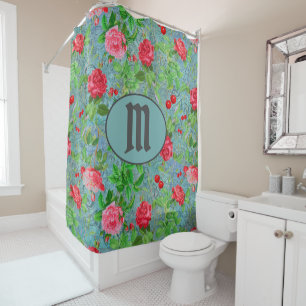 Vintage Paris Postmarks Florals Teal Monogram Shower Curtain