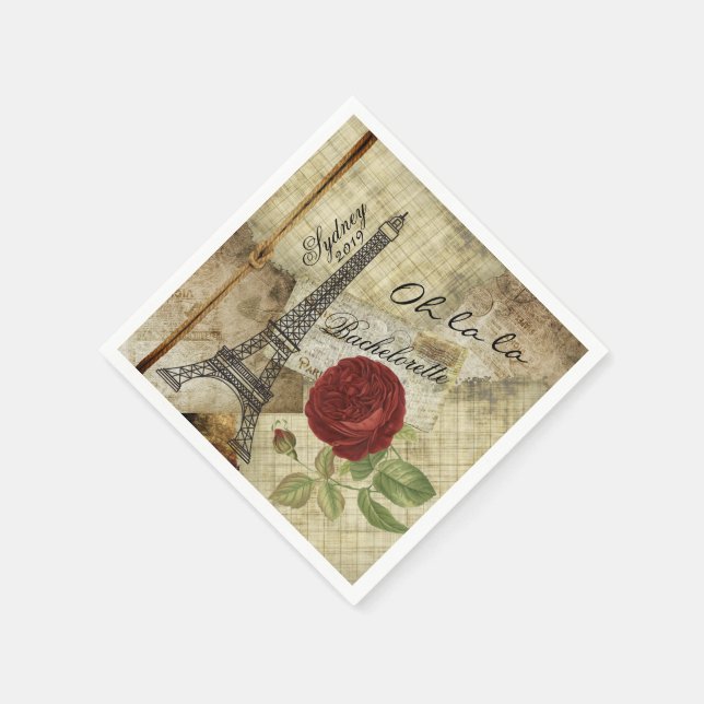 Vintage Paris Style - Red Rose- Bachelorette Napkin (Corner)