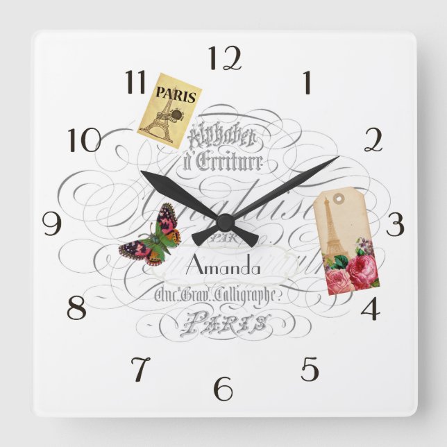 Vintage Paris Themed Personalised Square Wall Clock (Front)
