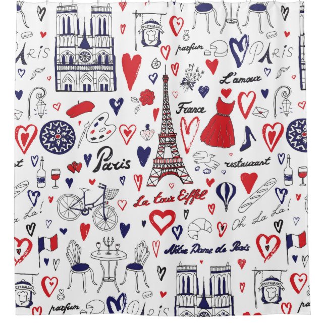 Vintage Paris: Travel Line Pattern Shower Curtain (Front)