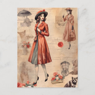 Vintage Parisian Fashion Illustration Postcard
