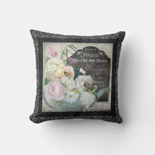 Vintage Parisian Flower Typography Chalkboard Rose Cushion