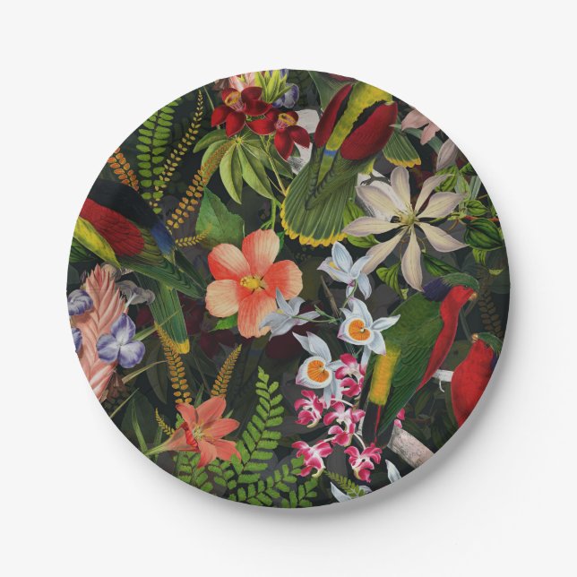 Vintage Parrot Jungle 1 Pattern Paper Plate (Front)
