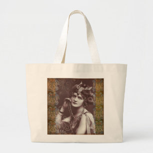 Vintage Party Girl on Victorian Tapestry Large Tote Bag