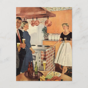 Vintage Party in the Kitchen, Beer and Appetizers Postcard