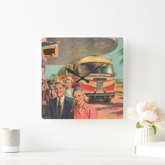 Vintage Passengers on Vacation at the Bus Depot Square Wall Clock
