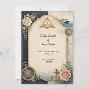 Vintage Passport Cruise Wedding Rose Map Invitation
