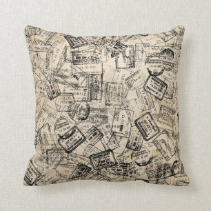 VINTAGE PASSPORT STAMPS COLLAGE CUSHION
