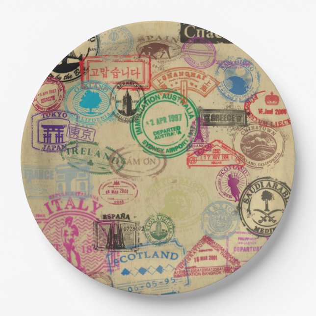 Vintage Passport Stamps Paper Plates 9" (Front)