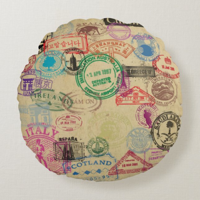 Vintage Passport Stamps Round Throw Pillow (16") (Front)