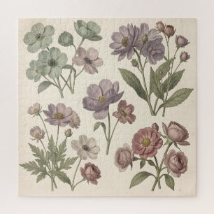 Vintage Pastel Anemones Roses Soft Botanical Jigsaw Puzzle