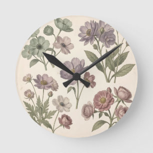 Vintage Pastel Anemones Roses Soft Botanical Round Clock