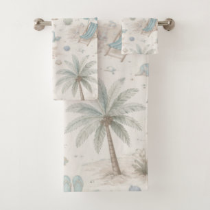 Vintage Pastel Beach Umbrella and Palm Tree Bath Towel Set