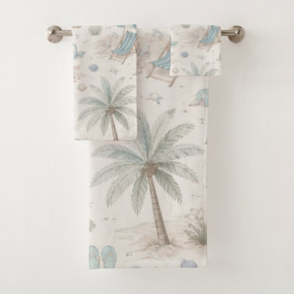 Vintage Pastel Beach Umbrella and Palm Tree Bath Towel Set