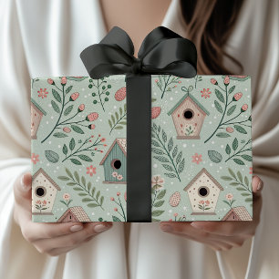Vintage Pastel Birdhouses with Floral Blooms Wrapping Paper