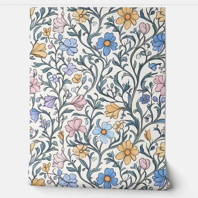 Vintage Pastel Botanical Floral Pattern Wallpaper (Unrolling)