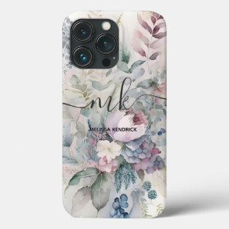 Vintage Pastel Botanical Flowers Monogram Name iPhone 13 Pro Case
