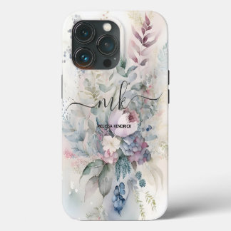 Vintage Pastel Botanical Flowers Monogram Name iPhone 13 Pro Case