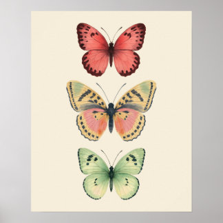 Vintage Pastel Butterfly Trio Poster – Watercolor 