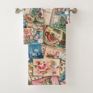 Vintage Pastel Christmas Card Collage   Bath Towel Set