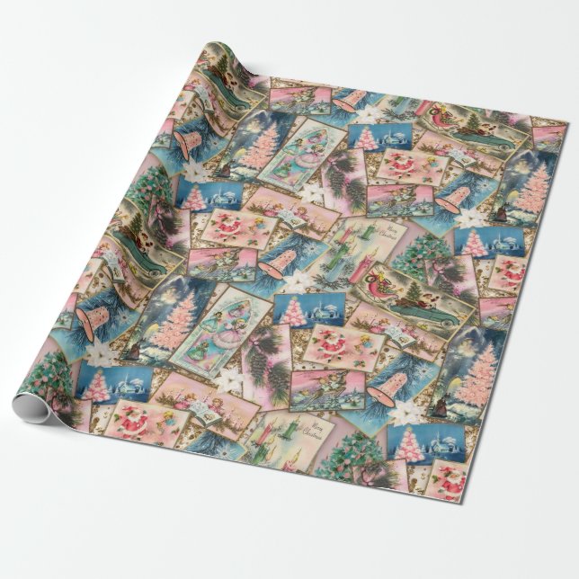 Vintage Pastel Christmas Card Collage Wrapping Paper (Unrolled)