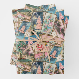 Vintage Pastel Christmas Card Collage  Wrapping Paper Sheet