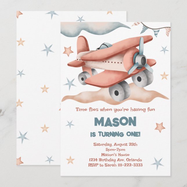 Vintage Pastel Colour Aeroplane Birthday Invitatio Invitation (Front/Back)