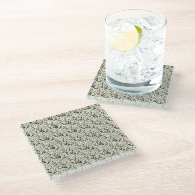 Vintage Pastel Floral Botanical Pattern Glass Coaster (Angled)