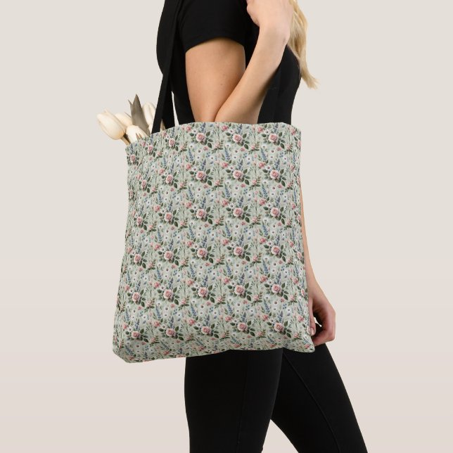 Vintage Pastel Floral Botanical Pattern Tote Bag (Close Up)