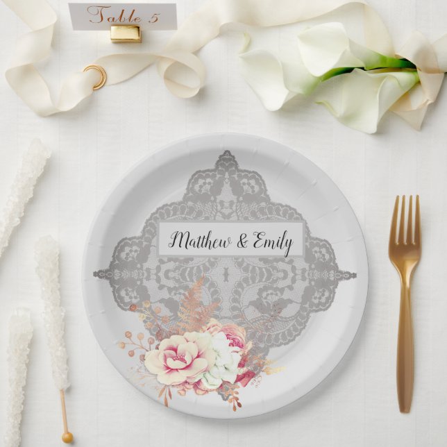 Vintage Pastel Floral Rose Paper Plate (Wedding)