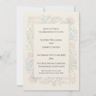 Vintage Pastel Floral Scroll Wedding Invitation