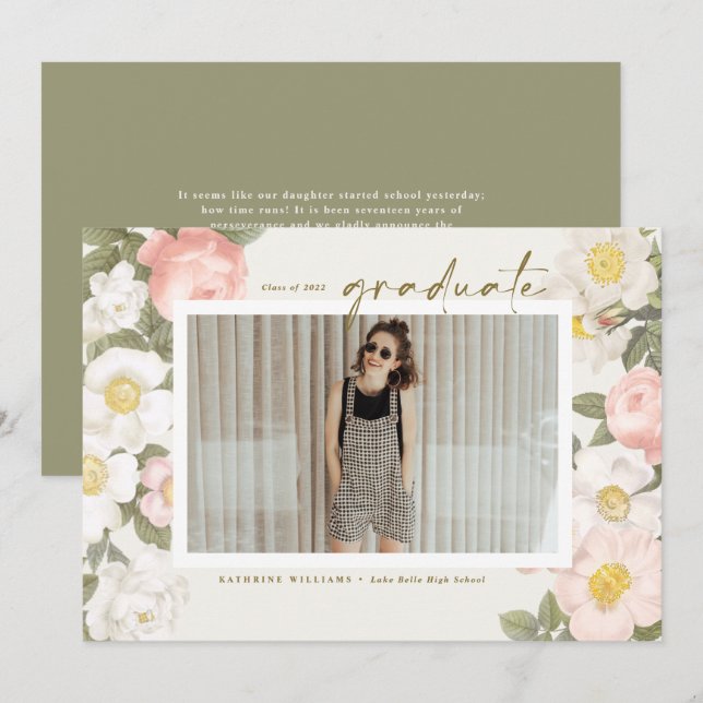 Vintage Pastel Flowers Beige Photo Graduation Announcement (Front/Back)