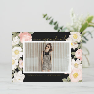 Vintage Pastel Flowers Black Photo Graduation Invitation