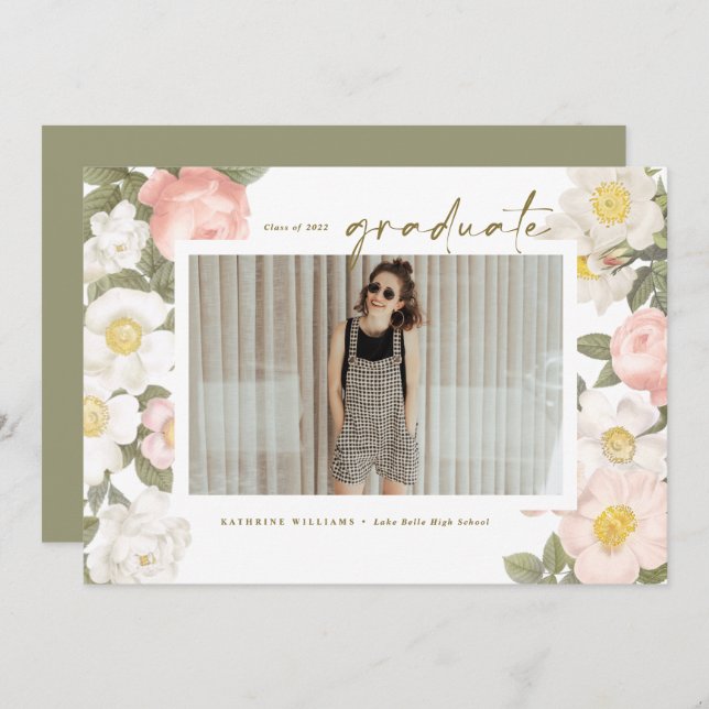 Vintage Pastel Flowers White Photo Graduation Announcement (Front/Back)