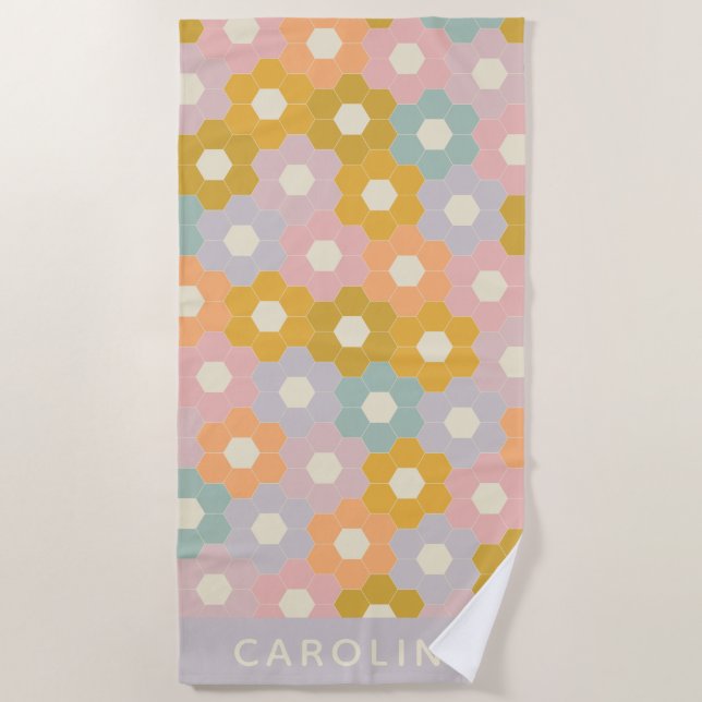 Vintage Pastel Hexagon Flower Pattern Personalised Beach Towel (Front)