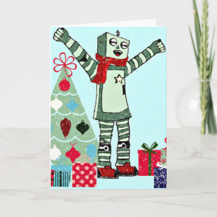 Vintage Pastel Holiday Robot Boy, Tree, & Gifts Card