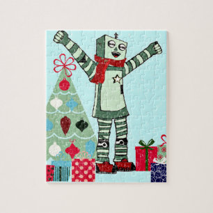 Vintage Pastel Holiday Robot Boy, Tree, & Gifts Jigsaw Puzzle