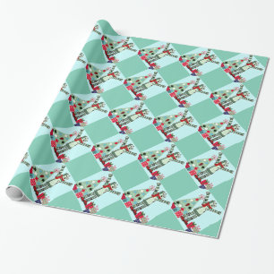 Vintage Pastel Holiday Robot Boy, Tree, & Gifts Wrapping Paper