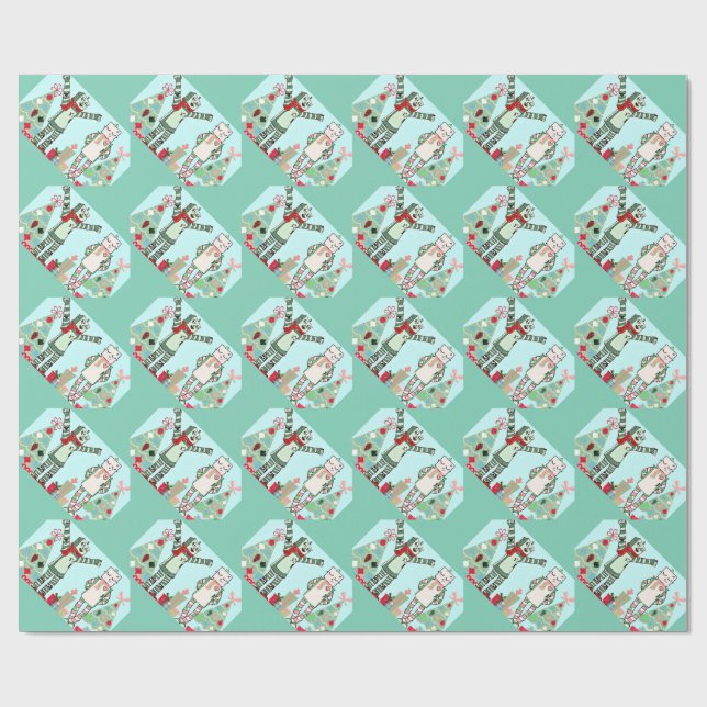 Vintage Pastel Holiday Robots & Tree Gift Wrap (Flat)