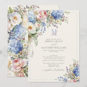 Vintage Pastel Hydrangea Ivory Monogram Wedding Invitation